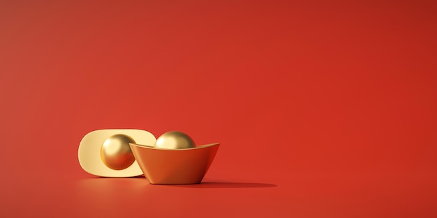 Yuan bao ouro chinês moeda dourada rica de luxo ou dinheiro chinês tradicional ano novo chinês em renderização 3d de fundo vermelho