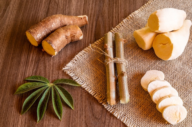 Foto la yuca, también llamada mandioca, yuca, balinghoy, mogo, mandioca, kamoteng kahoy, tapioca y raíz de mandioca, un arbusto leñoso de la familia euphorbiaceae nativa de américa del sur