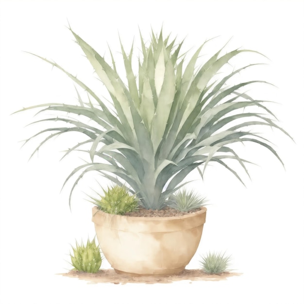 Yucca-Pflanze im Topf-Aquarell auf weißem Hintergrund