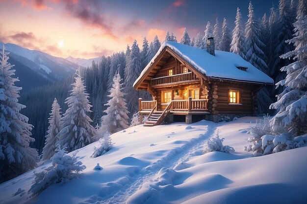 YukonAlaska Trapline Holzhütte vollständig beleuchtet bei Vollmondnacht im schneebedeckten Winter