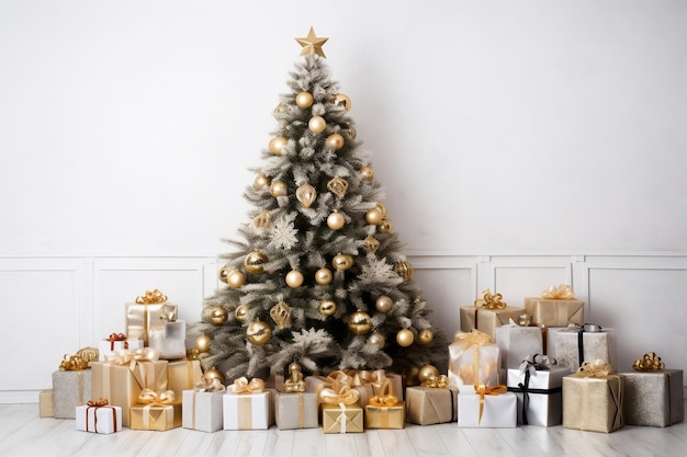 Yuletide Elegance Uma árvore de Natal adornada com presentes em uma foto gratuita de Generative AI