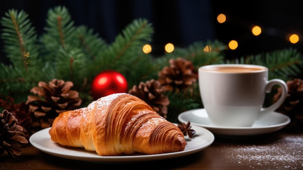 Foto yuletide ofrece deliciosos croissants en medio de la decoración navideña