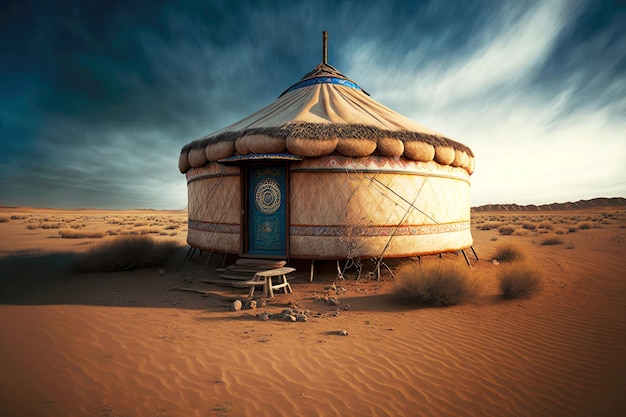 Yurt colorido real de nômades na aldeia no deserto