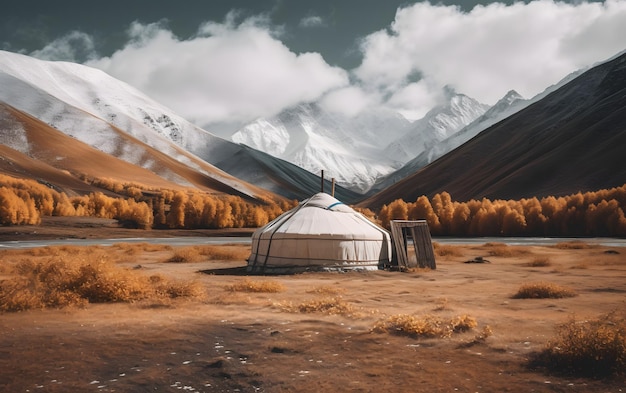 Una yurta en la montaña con las montañas al fondo