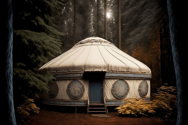 Yurta redonda blanca en el estilo de vida nómada de la taiga