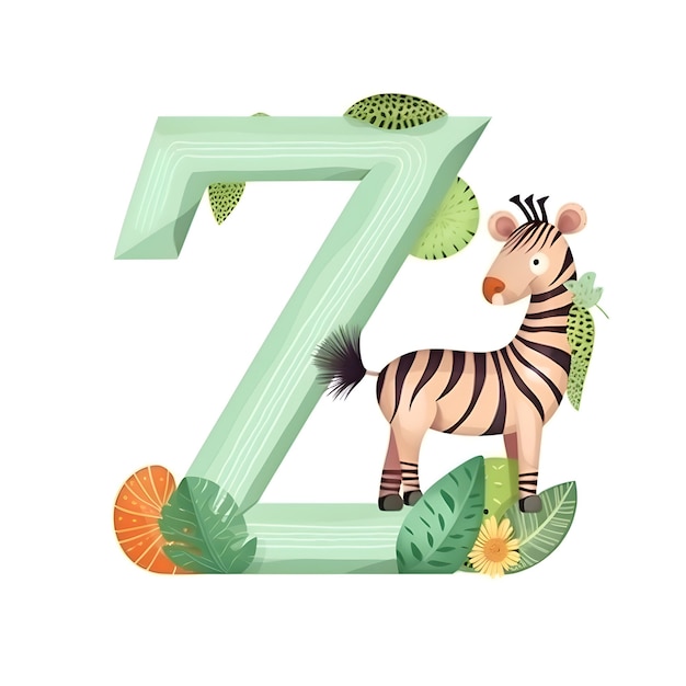 Z-Buchstabe mit süßem Cartoon-Zebra und tropischen Blättern Z-Buschstabe