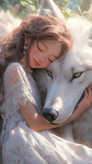 Zärtliche Freundschaft kleines Mädchen und weißer Wolf in einer Fantasie-Illustration, die mit generativen KI-Tools erstellt wurde