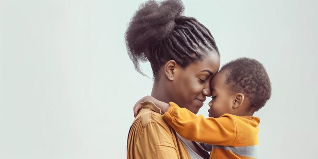 Zärtliche Umarmung afroamerikanischer Mutter und Kind, die einen liebenden Moment teilen