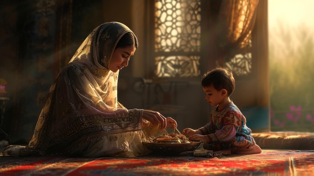 Zärtlicher Moment einer Mutter, die ihrem Kind über den Ramadan erzählt