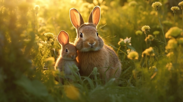 Zärtlicher Moment Kaninchenmutter wiegt ihr Junges im Sitzen