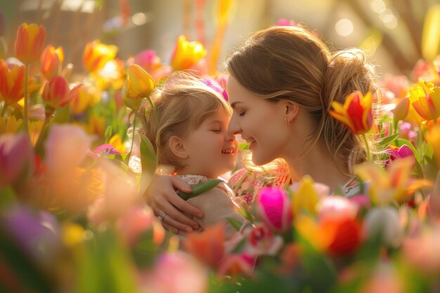 Foto zärtlicher moment zwischen junger mutter und tochter inmitten lebendiger frühlingsblumen, die stirn berührt