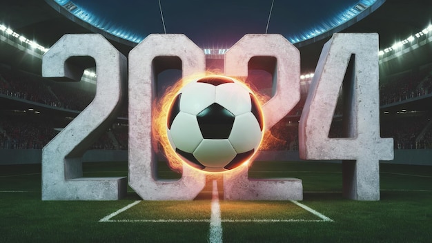 Zahlen 2024 und Fußball auf einem Fußballstadion Eröffnung der Spiele Euro 2024 Meisterschaft
