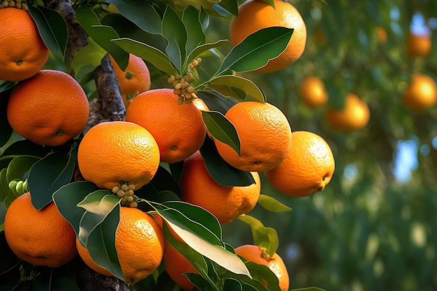 Zahlreiche saftige, orangefarbene Zitrusfrüchte an einem Mandarinen-Mandarinenbaum, die zur Ernte bereit sind