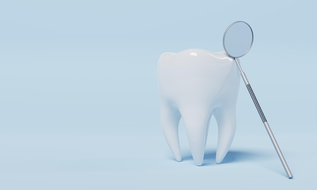 Zahn mit zahnärztlichem Inspektionsspiegel auf blauem Hintergrund Zahn- und Gesundheitskonzept