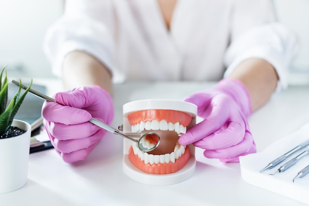 Zahnarzt, der ein Modell der Zahnprothese hält und dem Patienten in der Zahnarztpraxis mit abgewinkeltem Spiegel erklärt