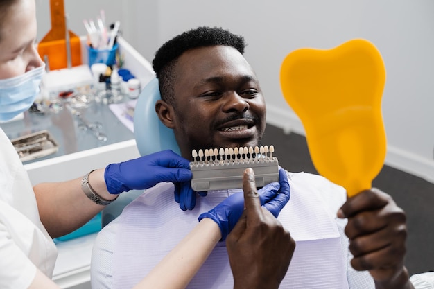 Zahnmedizin Zahnarzt zeigt Zahnfarbschattierungsanleitung für Zahnaufhellung für afrikanische Patienten in der Zahnklinik Afrikaner betrachtet Veneers oder Implantate, die Farbabgleichmuster in Arzthänden zeigen