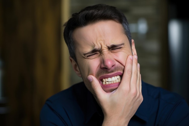 Zahnschmerz-Konzept, das seine Wange mit der Hand hält und unter starken Zahnschmerzen leidet Generative KI