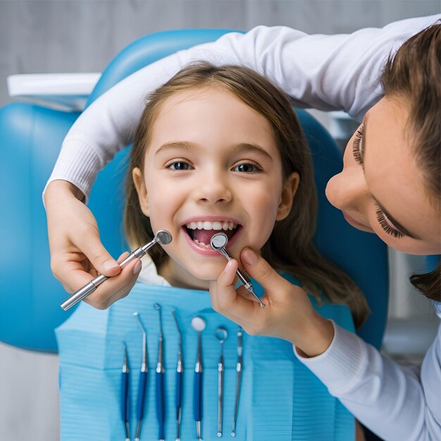 Zahnuntersuchung Kleines Mädchen im Zahnarztstuhl