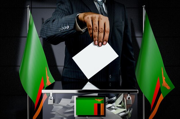 Zambia banderas mano dejando caer tarjeta de votación elección concepto 3D ilustración