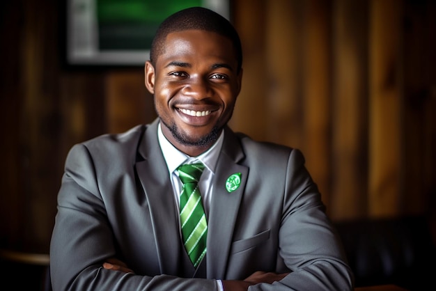 Zambiano hombre de negocios africano en traje gris y corbata verde en la oficina