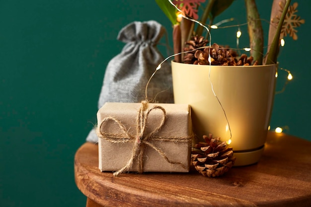 Zamioculcas decoradas con gerland y juguetes de madera Árbol de Navidad hecho de plantas de interior Cajas de regalo empacadas en papel Concepto de Navidad ecológica