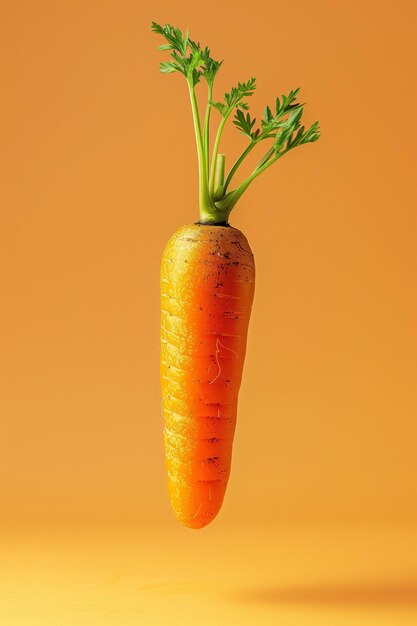 Una zanahoria elegante flota contra un fondo naranja cálido su textura sobresale en simplicidad y