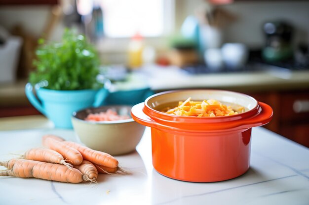 Foto la zanahoria fermentada y el jengibre se mezclan en una olla de cerámica en una encimera de la cocina