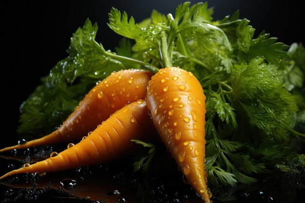 Zanahorias de armonía vibrante con naranja vivo y verde sobre un fondo oscuro IA generativa