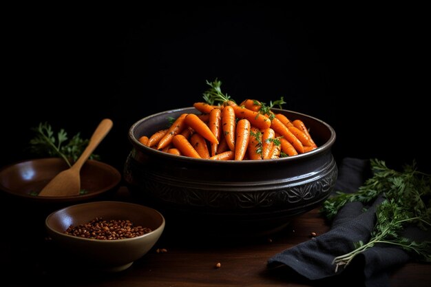 Foto zanahorias asadas sobre un fondo negro