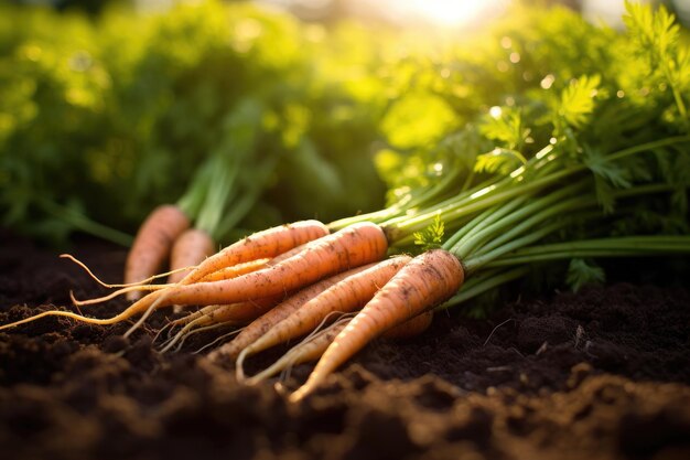 Las zanahorias crecen en el suelo en un campo o jardín con un fondo borroso con la luz del sol