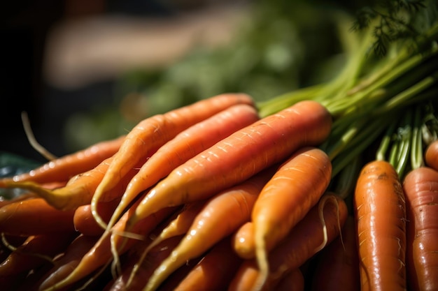 Las zanahorias se exhiben en un mercado de agricultores.