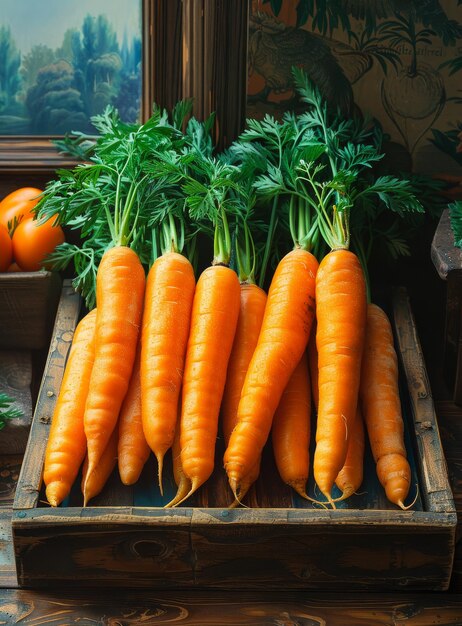 zanahorias frescas en una caja de madera zanahorias sentadas en una mesa de madera