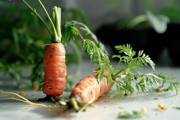 zanahorias frescas con hojas verdes en un fondo blanco de primer plano