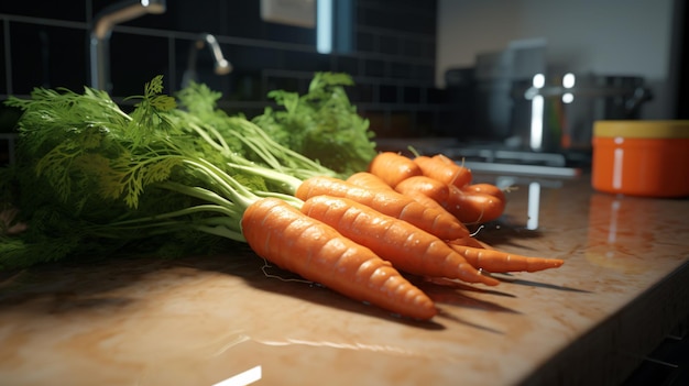 zanahorias frescas y limpias en la encimera de la cocina