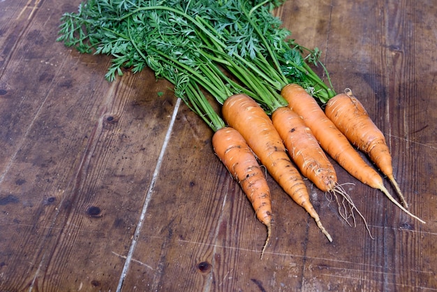 Las zanahorias frescas con la parte superior verde se encuentran en la mesa de los agricultores