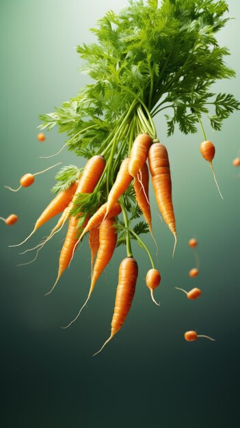 zanahorias frescas con verduras cayendo por el aire sobre un fondo verde