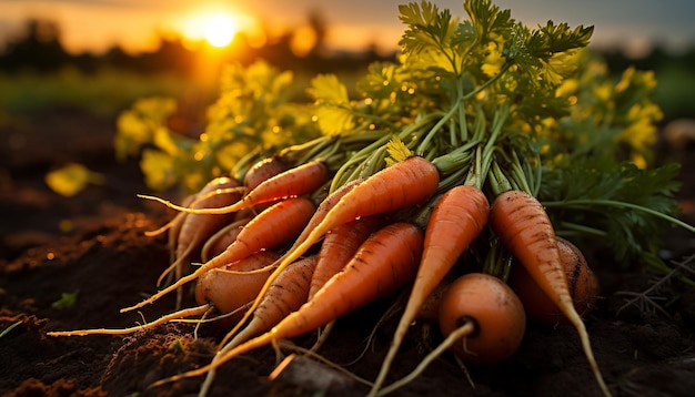 Zanahorias orgánicas frescas cosechadas de un huerto rústico generado por inteligencia artificial