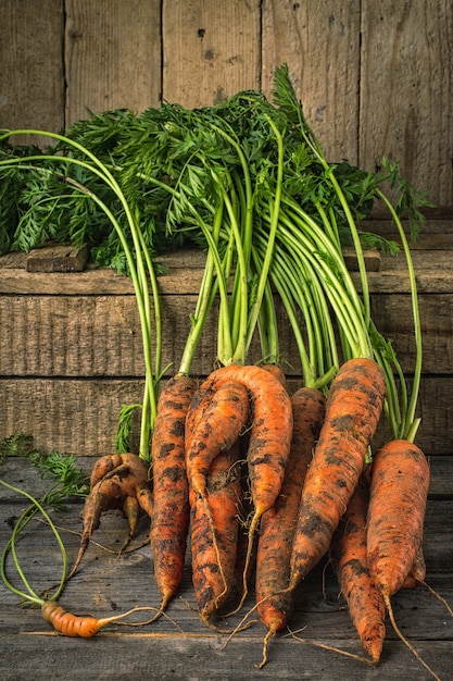 Zanahorias orgánicas frescas en superficie de madera