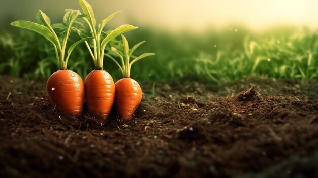 Zanahorias orgánicas maduras en el suelo Planta de cultivo orgánico Huerto que cultiva vegetales IA generativa