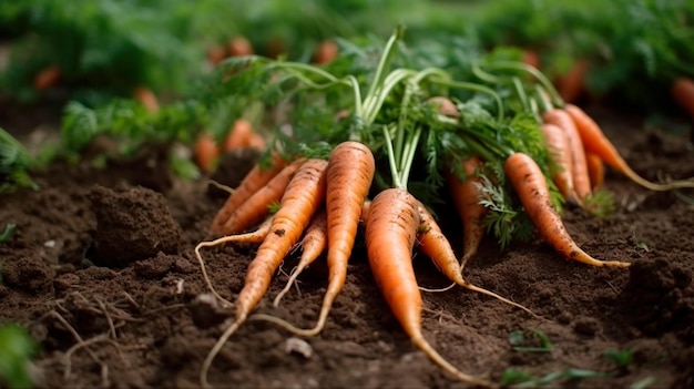 Zanahorias recién recogidas en el suelo en un campo de agricultura agrícola y concepto de cultivo de hortalizas IA generativa