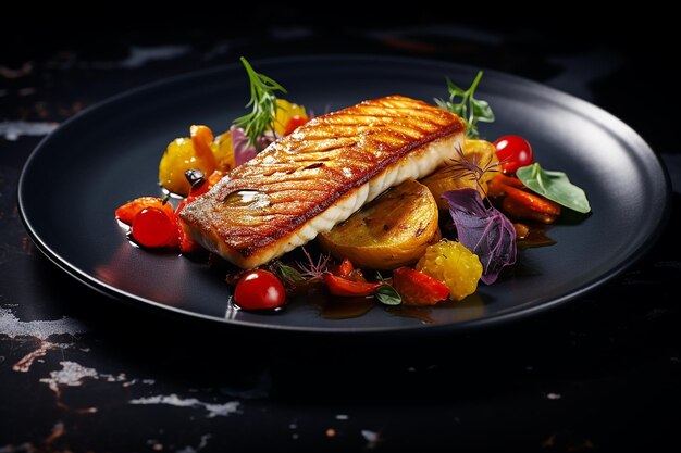 Foto zanderfilet mit aromatischen kräutern, gewürzen und gemüse auf einem dunklen teller