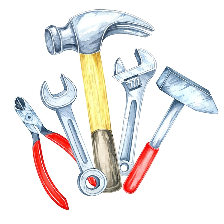 Foto zangen mit roten griffe, schraubenschlüssel und zwei hammer, handgemalte mit aquarell, eine tolle wahl für ein diy-produkt