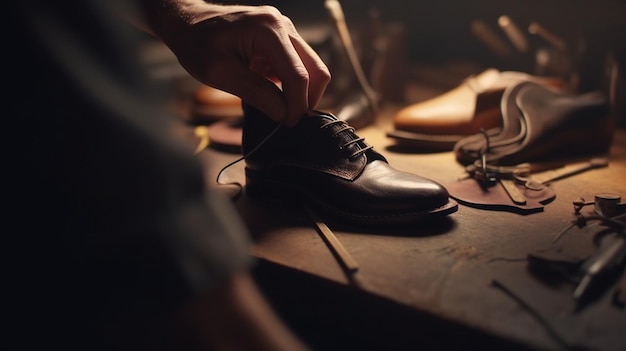 Un zapatero está trabajando en un zapato en un taller.