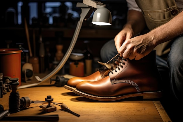 Foto un zapatero repara un zapato de un hombre en un taller equipado.