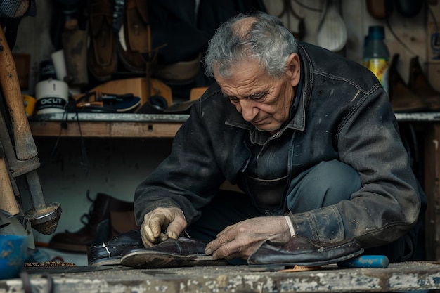 Un zapatero reparando una suela desgastada que ilustra la artesanía de reparación de zapatos
