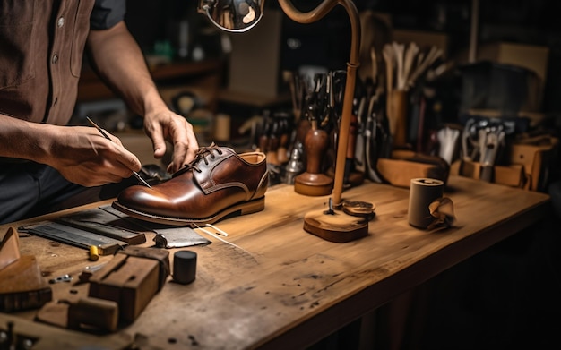 Foto zapatero en el trabajo elaborando un zapato de cuero en un taller