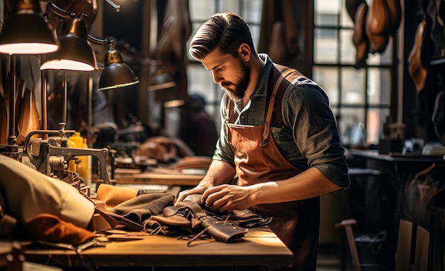 zapatero en el trabajo elaborando un zapato de cuero en un taller