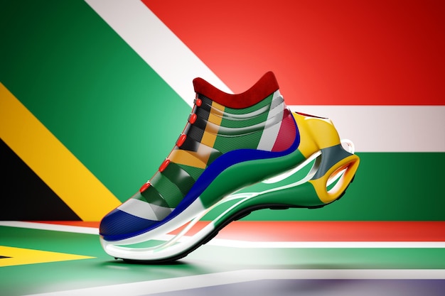 Zapatilla de deporte amarilla colorida con la bandera nacional de la República de Sudáfrica en la suela El concepto de zapatillas de deporte de moda brillante Representación 3D