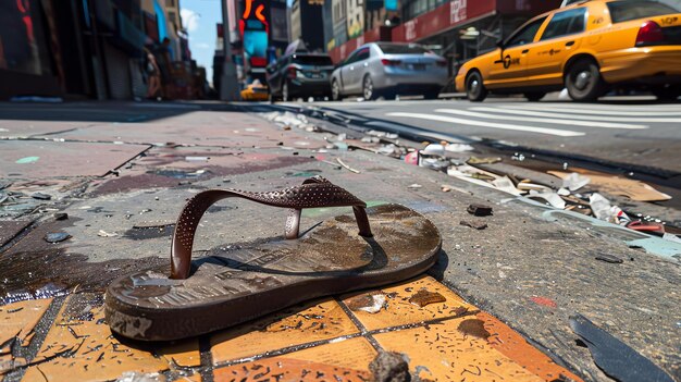 Foto una zapatilla solitaria yace abandonada en una concurrida calle de la ciudad la zapatilla es marrón y tiene un lecho de pies texturizado la calle está mojada y llena de escombros