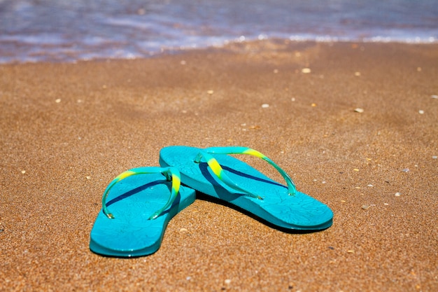 Zapatillas azules se paran en la arena a la orilla del mar